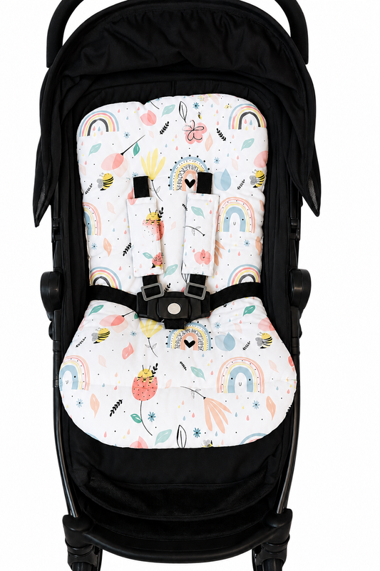 Kit Colchonetes 3 Peças para Carrinho & Bebê Conforto + Protetores de Cinto Abelha Verso Rose