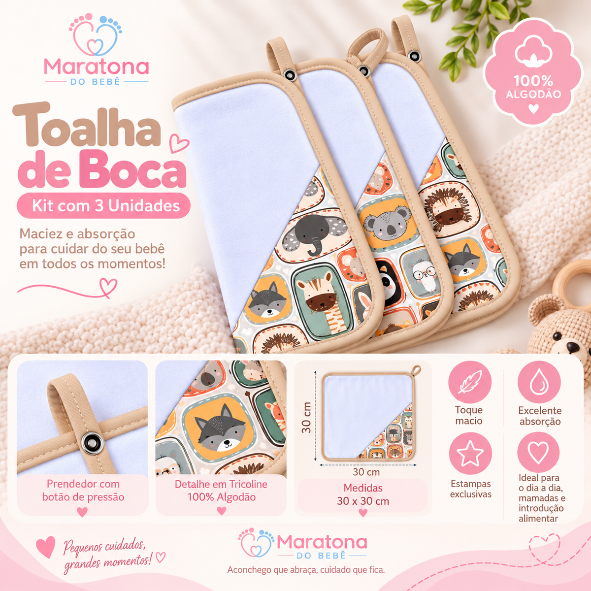 Toalha de Boca Malha Dupla Penteada Premium Bolas Menino c/ Azul Bebê | Kit com 3 Unidades