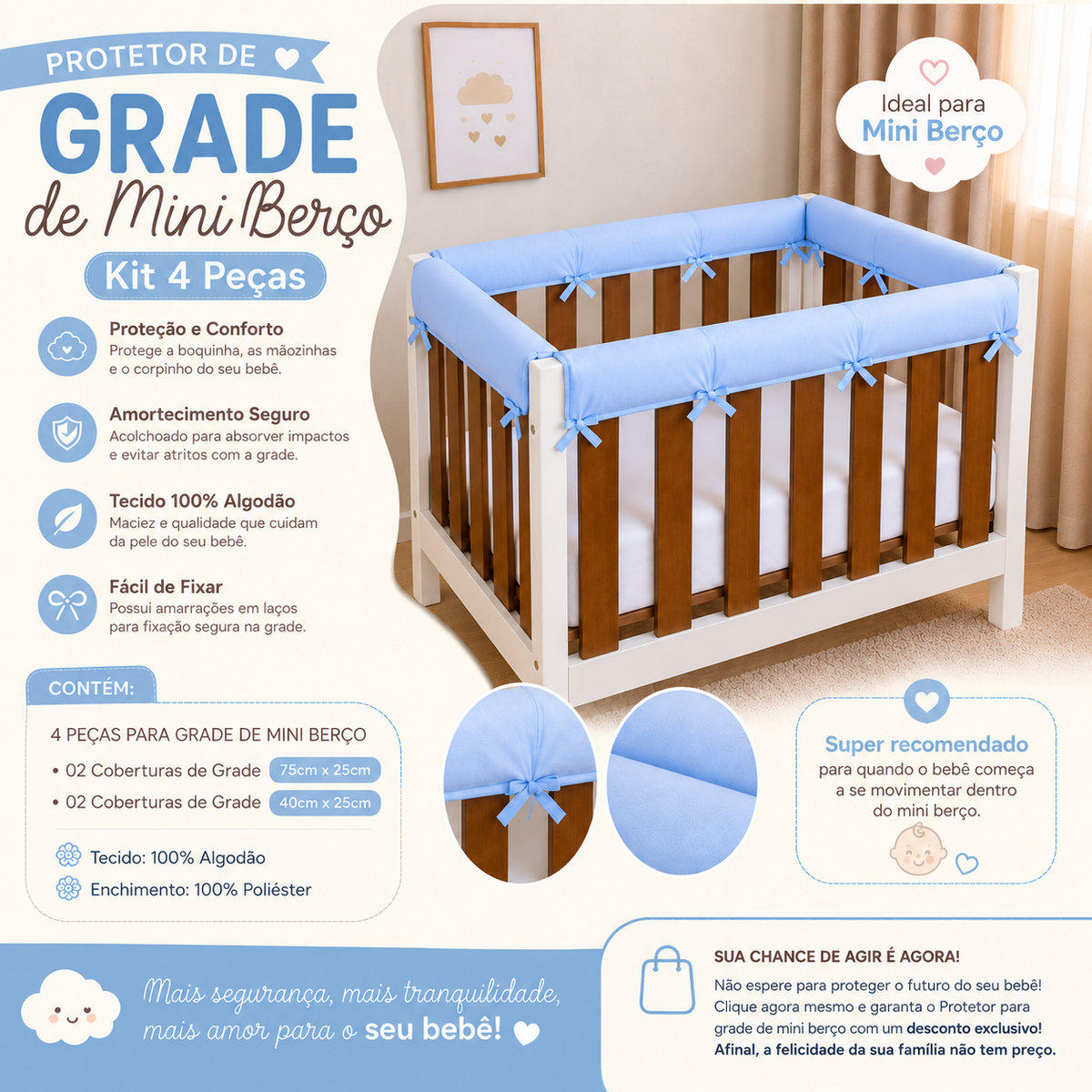 Protetor de Grade para Mini Berço Acolchoado 4 Peças Grid Rosê