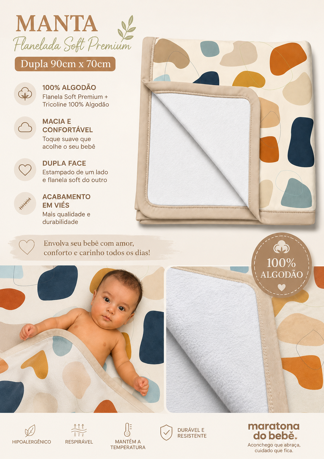 Manta Flanelada Soft Premium Dupla 90 x 70 cm Bichos Azul c/ Bege