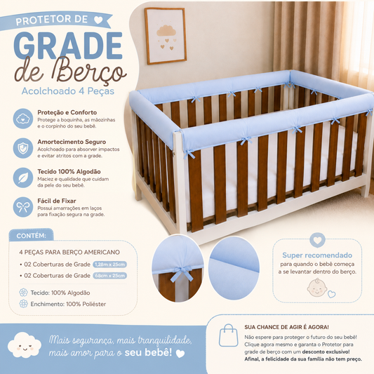 Protetor de Grade para Berço Americano Acolchoado 4 Peças Princesa