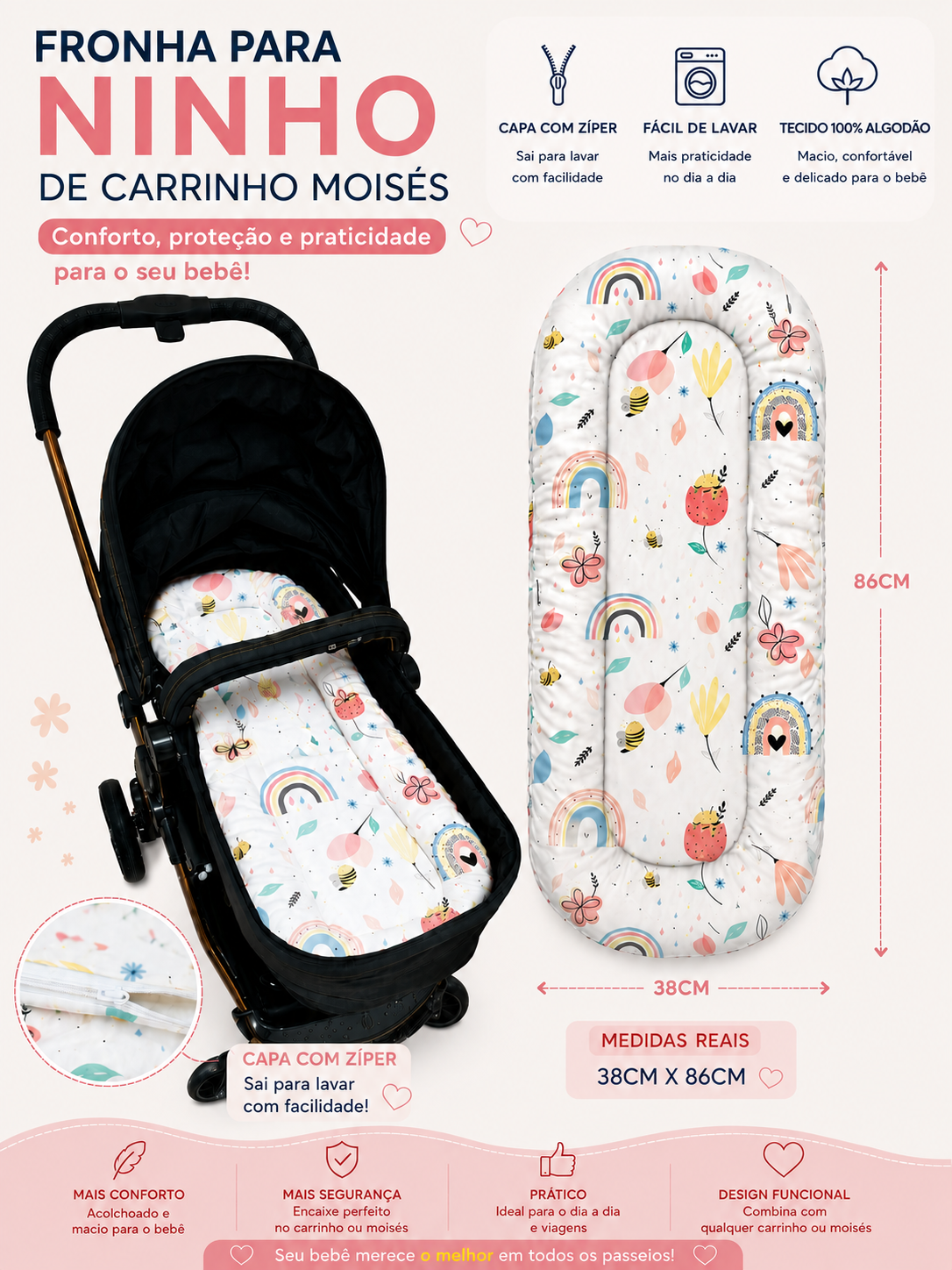 Fronha para Ninho Casulinho Premium para Carrinho Moisés Universal Bichos