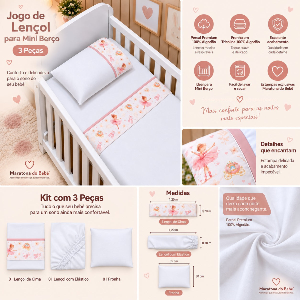 Jogo de Lençol para Mini Berço 3 Peças Rosê | Percal Premium