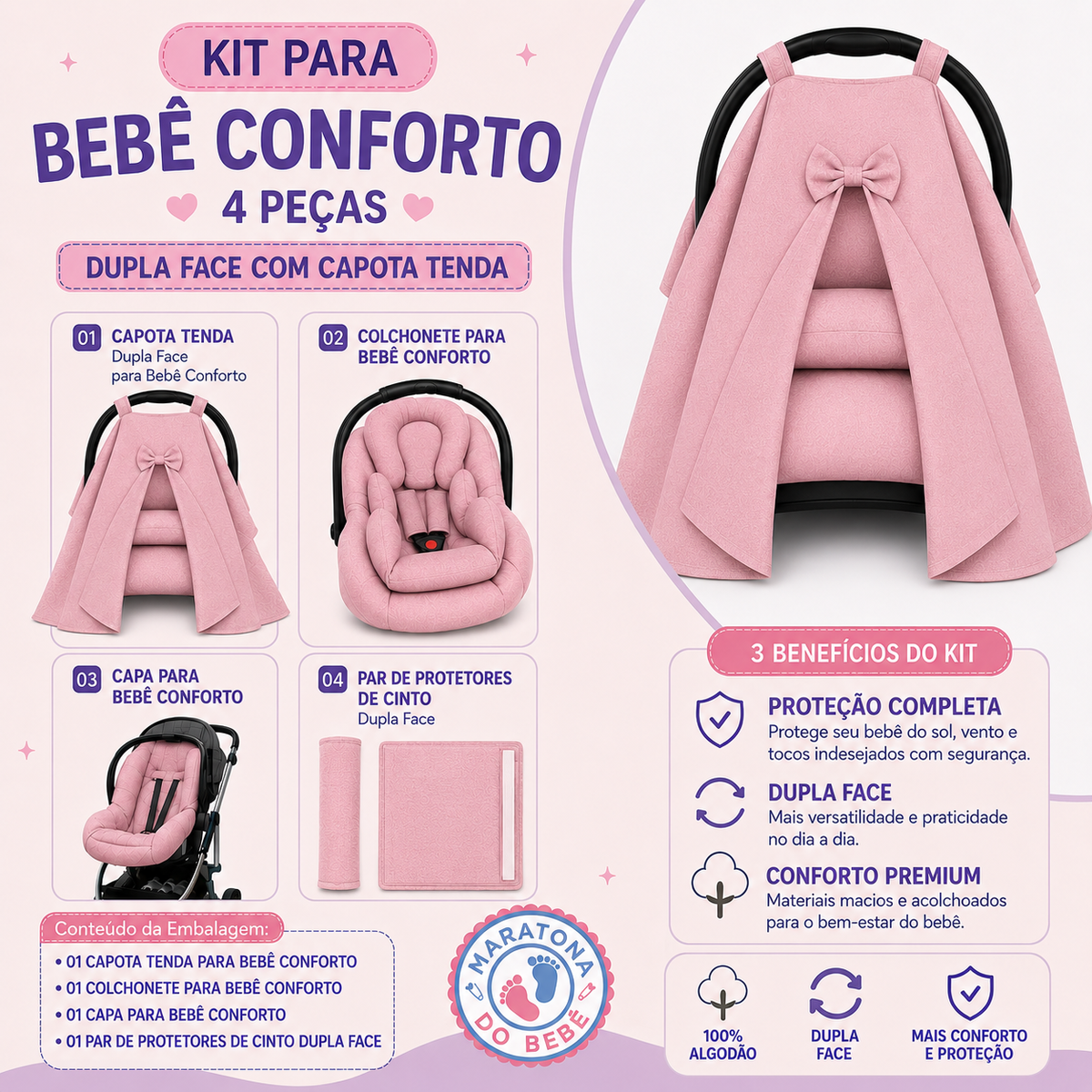 Kit para Bebê Conforto 4 Peças Dupla Face com Capota Tenda Bolas Menino Verso Azul Bebê