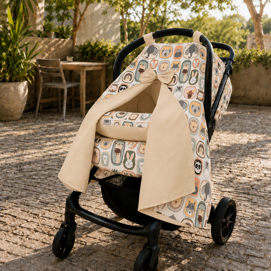 Capota para Bebê Conforto Tenda Dupla Face Bichos Verso Bege