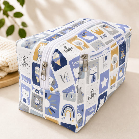Necessaire Porta Fraldas e Lenço Umedecido 3 Compartimentos Bichos Azul