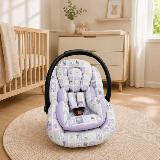 Kit para Bebê Conforto 3 Peças Dupla Face Bichos Lilás Verso Lilás