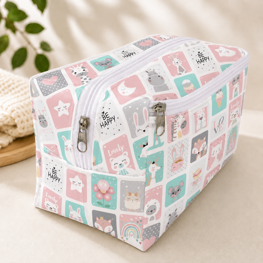 Necessaire Porta Fraldas e Lenço Umedecido 3 Compartimentos Bichos Rosê