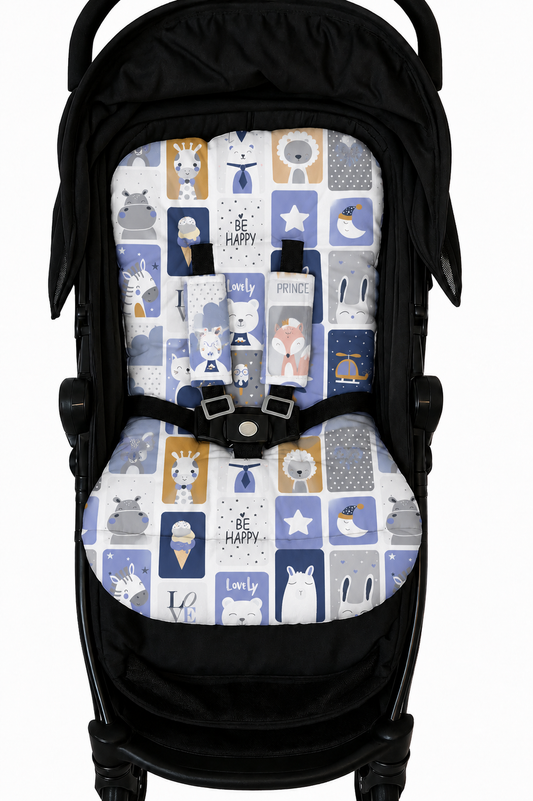 Kit Colchonetes 3 Peças para Carrinho & Bebê Conforto + Protetores de Cinto Bichos Azul Verso Azul