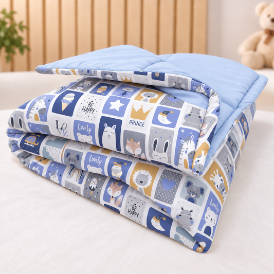 Edredom Estampado Dupla Face para Mini Berço Bichos Azul c/ Azul Bebê