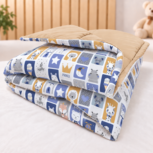 Edredom Estampado Dupla Face para Mini Berço Bichos Azul c/ Bege
