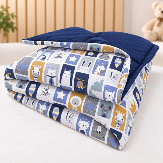 Edredom Estampado Dupla Face para Mini Berço Bichos Azul c/ Marinho