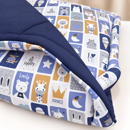 Edredom Estampado Dupla Face para Berço Americano Bichos Azul c/ Marinho