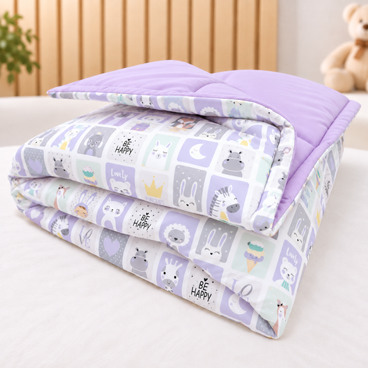 Edredom Estampado Dupla Face para Mini Berço Bichos Lilás
