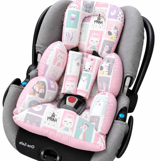 Kit para Bebê Conforto 4 Peças Dupla Face com Capota Tenda Bichos Rosa Verso Rosa