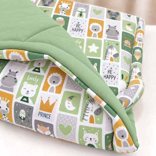 Edredom Estampado Dupla Face para Berço Americano Bichos Verde c/ Verde Menta