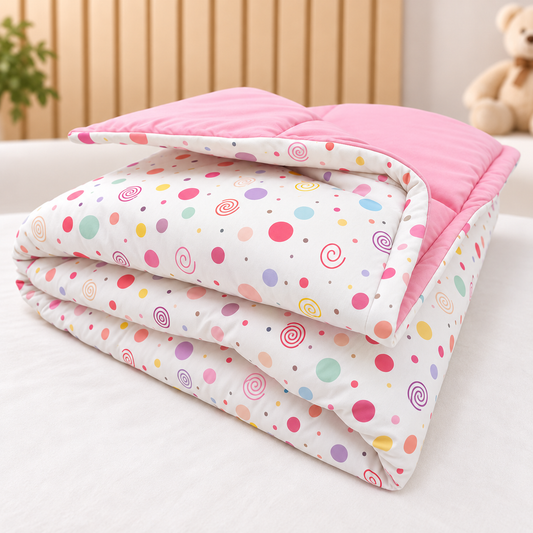 Edredom Estampado Dupla Face para Mini Berço Bolas Menina c/ Rosa