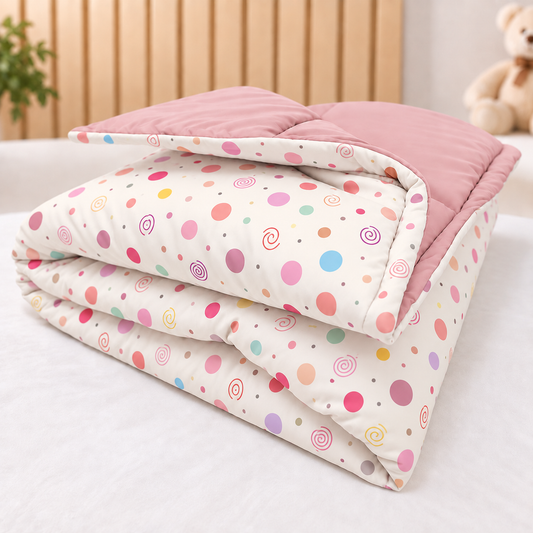 Edredom Estampado Dupla Face para Mini Berço Bolas Menina c/ Rosê