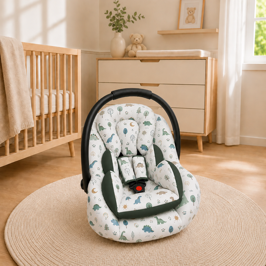 Kit para Bebê Conforto 4 Peças Dupla Face com Capota Tenda Dino MLH Verso Verde Escuro