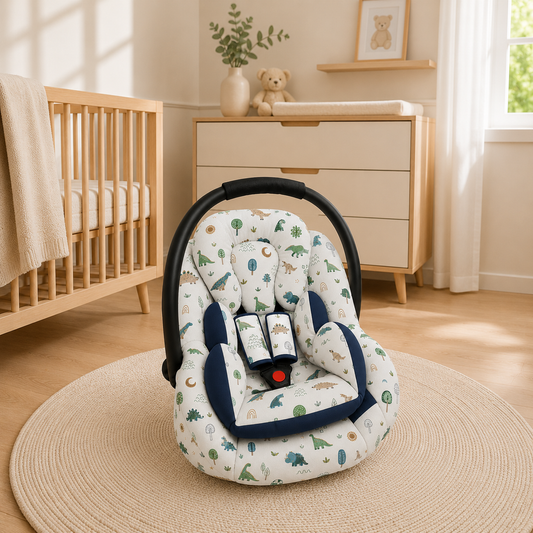 Kit para Bebê Conforto 4 Peças Dupla Face com Capota Tenda Dino MLH Verso Marinho