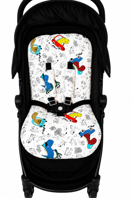 Kit Colchonetes 3 Peças para Carrinho & Bebê Conforto + Protetores de Cinto Dino Carros Verso Marinho