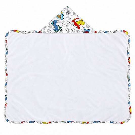 Toalha de Banho com Capuz Forrada Plush Atoalhado Premium 1M x 70cm Dino Carros c/ Azul Bebê