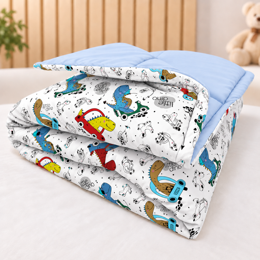 Edredom Estampado Dupla Face para Mini Berço Dino Carros c/ Azul Bebê