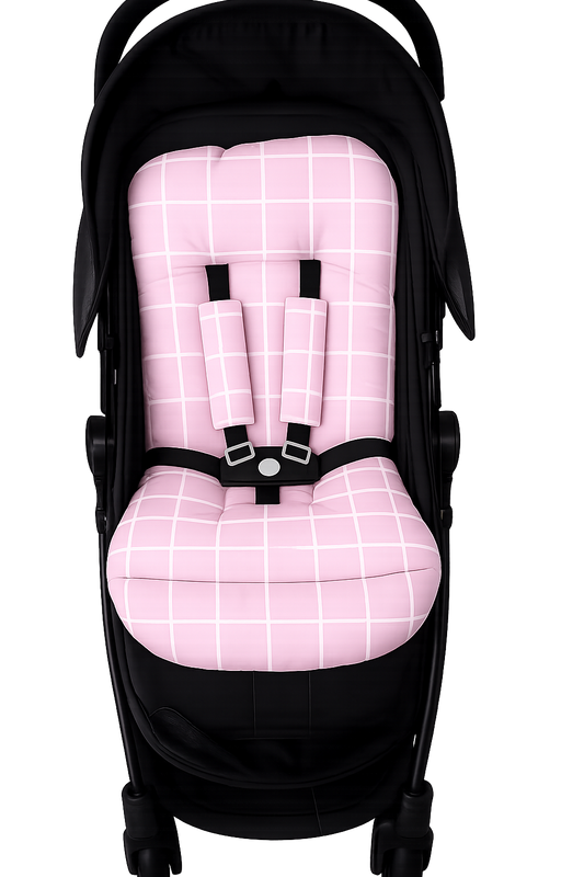 Kit Colchonetes 3 Peças para Carrinho & Bebê Conforto + Protetores de Cinto Grid Rosa Verso Rosa