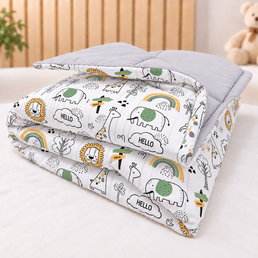 Edredom Estampado Dupla Face para Mini Berço Leão c/ Cinza