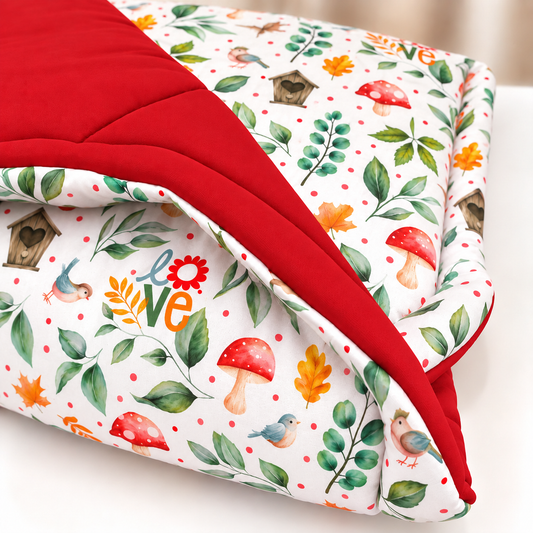 Edredom Estampado Dupla Face para Berço Americano Passarinhos Love c/ Vermelho