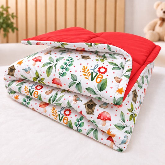 Edredom Estampado Dupla Face para Mini Berço Passarinhos Love c/ Vermelho