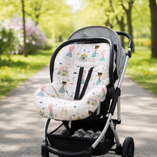 Kit para Bebê Conforto 4 Peças Dupla Face com Capota Tenda Princesa Verso Rosa