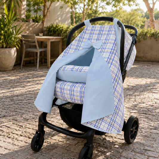 Capota para Bebê Conforto Tenda Dupla Face Xadrez Azul Verso Azul