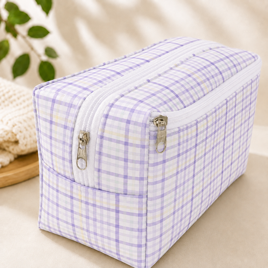 Necessaire Porta Fraldas e Lenço Umedecido 3 Compartimentos Xadrez Lilás