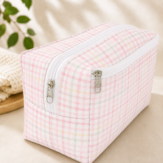 Necessaire Porta Fraldas e Lenço Umedecido 3 Compartimentos Xadrez Rosa