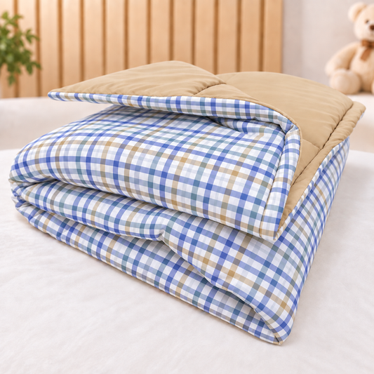 Edredom Estampado Dupla Face para Mini Berço Xadrez Azul c/ Bege