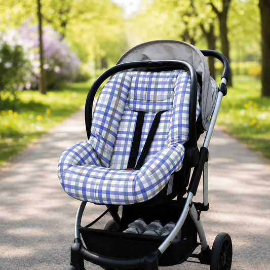 Kit para Bebê Conforto 4 Peças Dupla Face com Capota Tenda Xadrez Azul Verso Bege