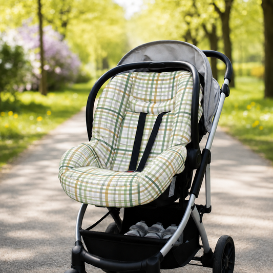 Kit para Bebê Conforto 4 Peças Dupla Face com Capota Tenda Xadrez Verde Verso Bege