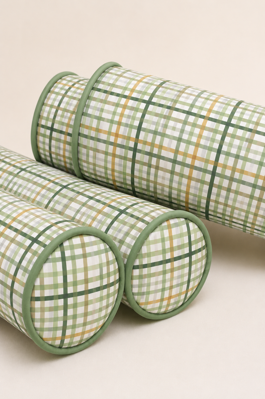 Kit Rolinhos 4 Peças para Cama Solteiro Xadrez Verde c/ Verde Escuro