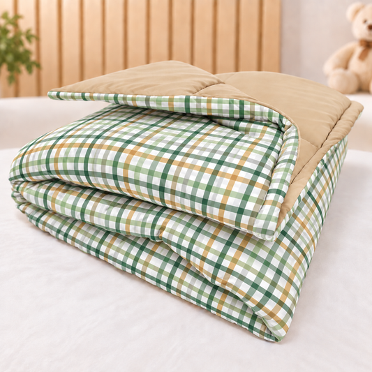 Edredom Estampado Dupla Face para Mini Berço Xadrez Verde c/ Bege
