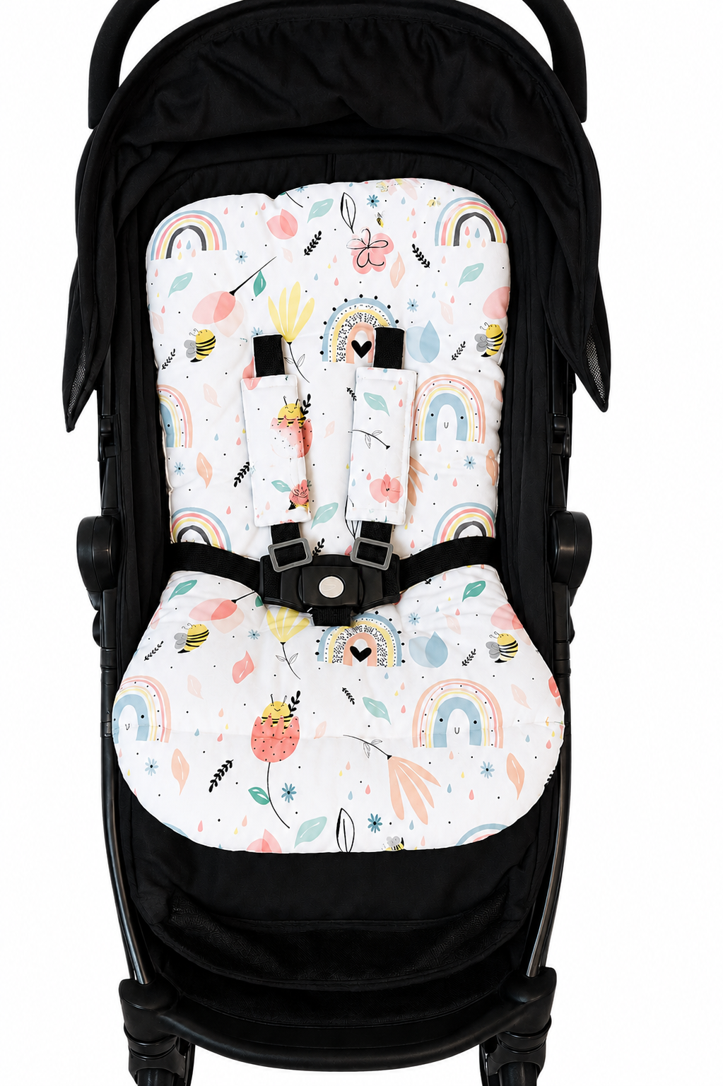 Kit Colchonetes 3 Peças para Carrinho & Bebê Conforto + Protetores de Cinto Abelha Verso Rose