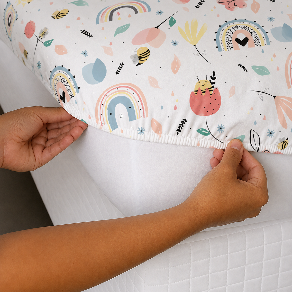Lençol Estampado para Mini Berço 100% Algodão Abelha