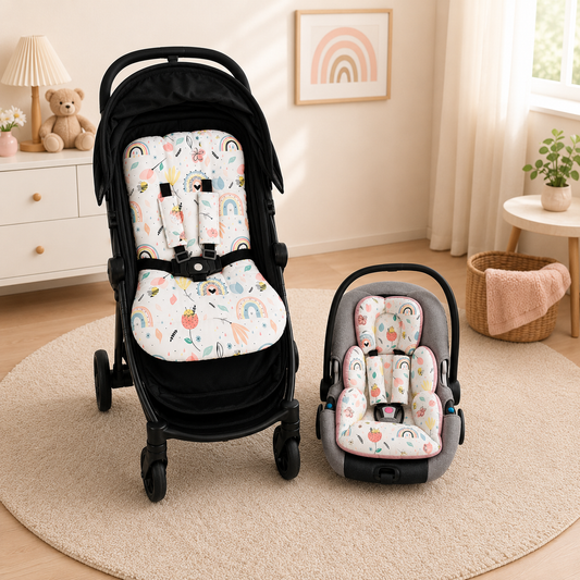 Kit Colchonetes 3 Peças para Carrinho & Bebê Conforto + Protetores de Cinto Abelha Verso Rose
