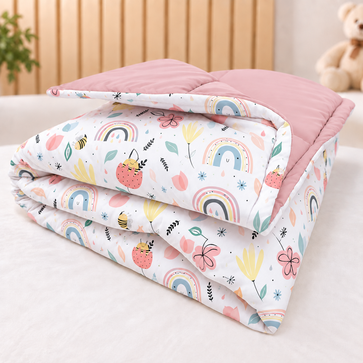 Edredom Estampado Dupla Face para Mini Berço Abelha c/ Rosê