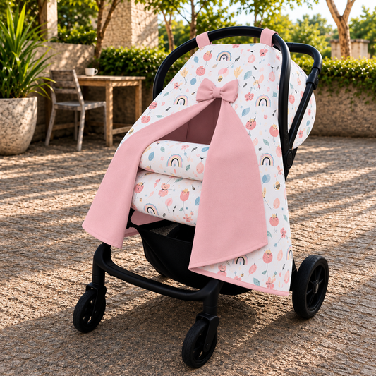 Kit para Bebê Conforto 4 Peças Dupla Face com Capota Tenda Abelha Verso Rosê