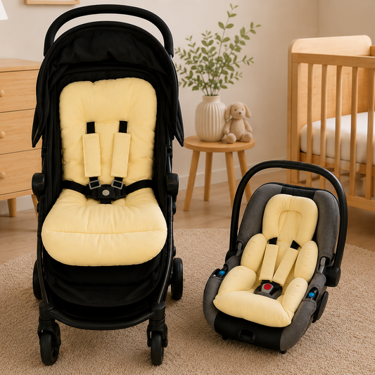 Kit Colchonetes 3 Peças para Carrinho & Bebê Conforto + Protetores de Cinto Amarelo