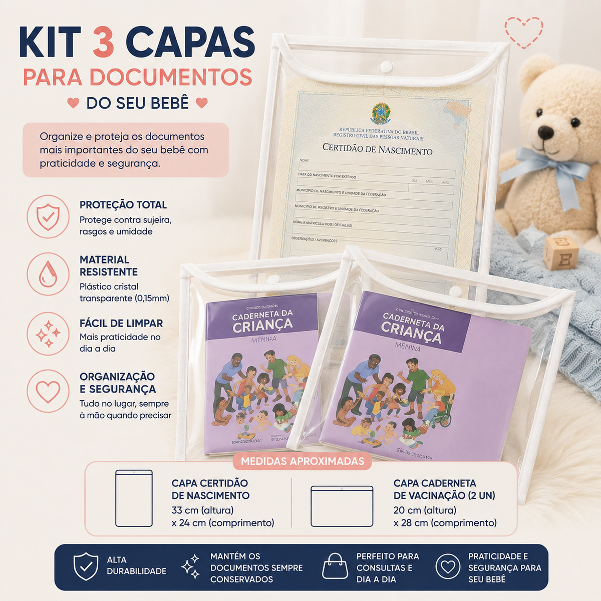 Kit com 3 Capas Organizadoras para Certidão e Documentos Azul Bebê