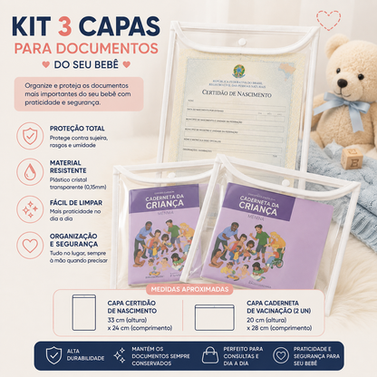 Kit com 3 Capas Organizadoras para Certidão e Documentos Azul Bebê