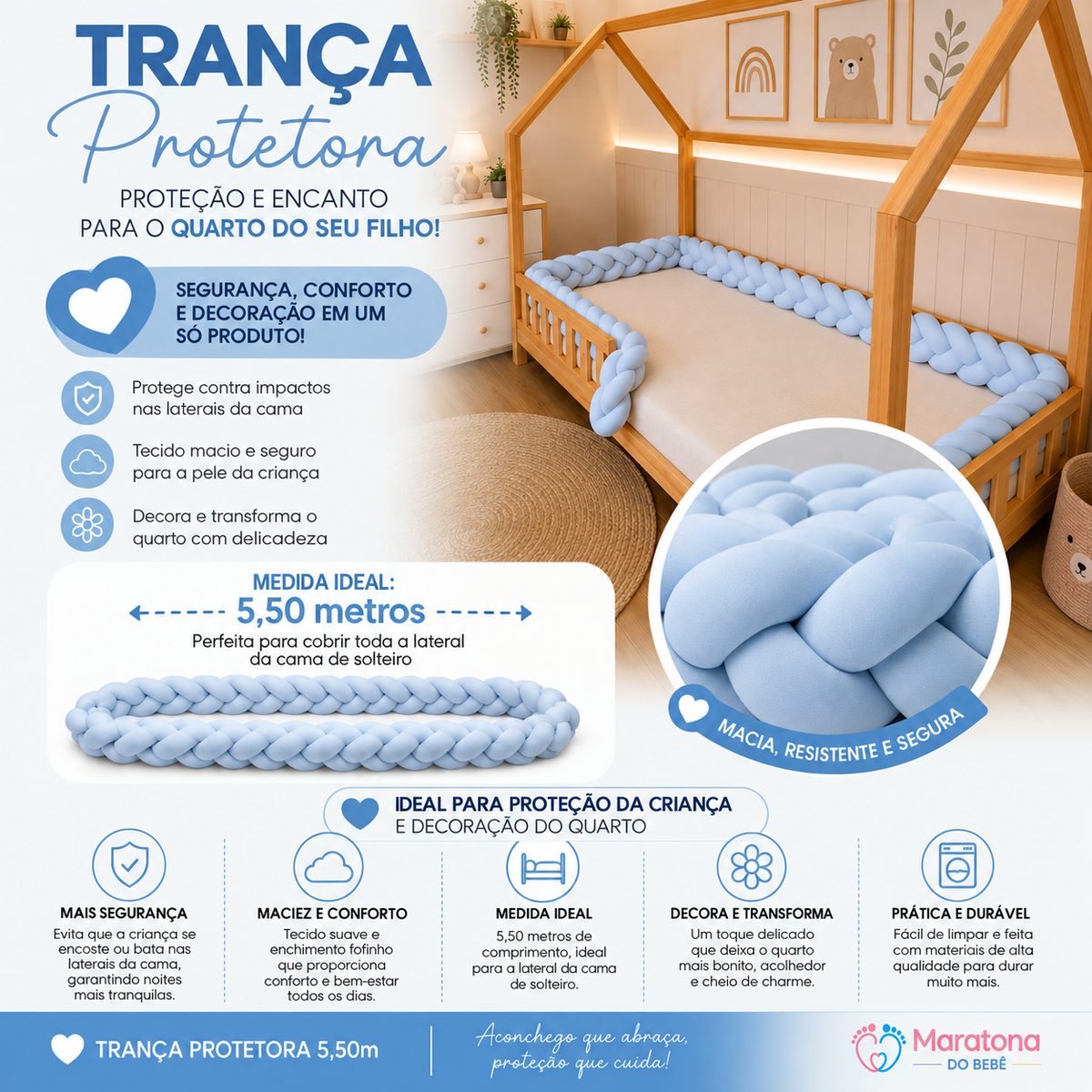 Trança Protetora 5,5 Metros Cama Solteiro Bege