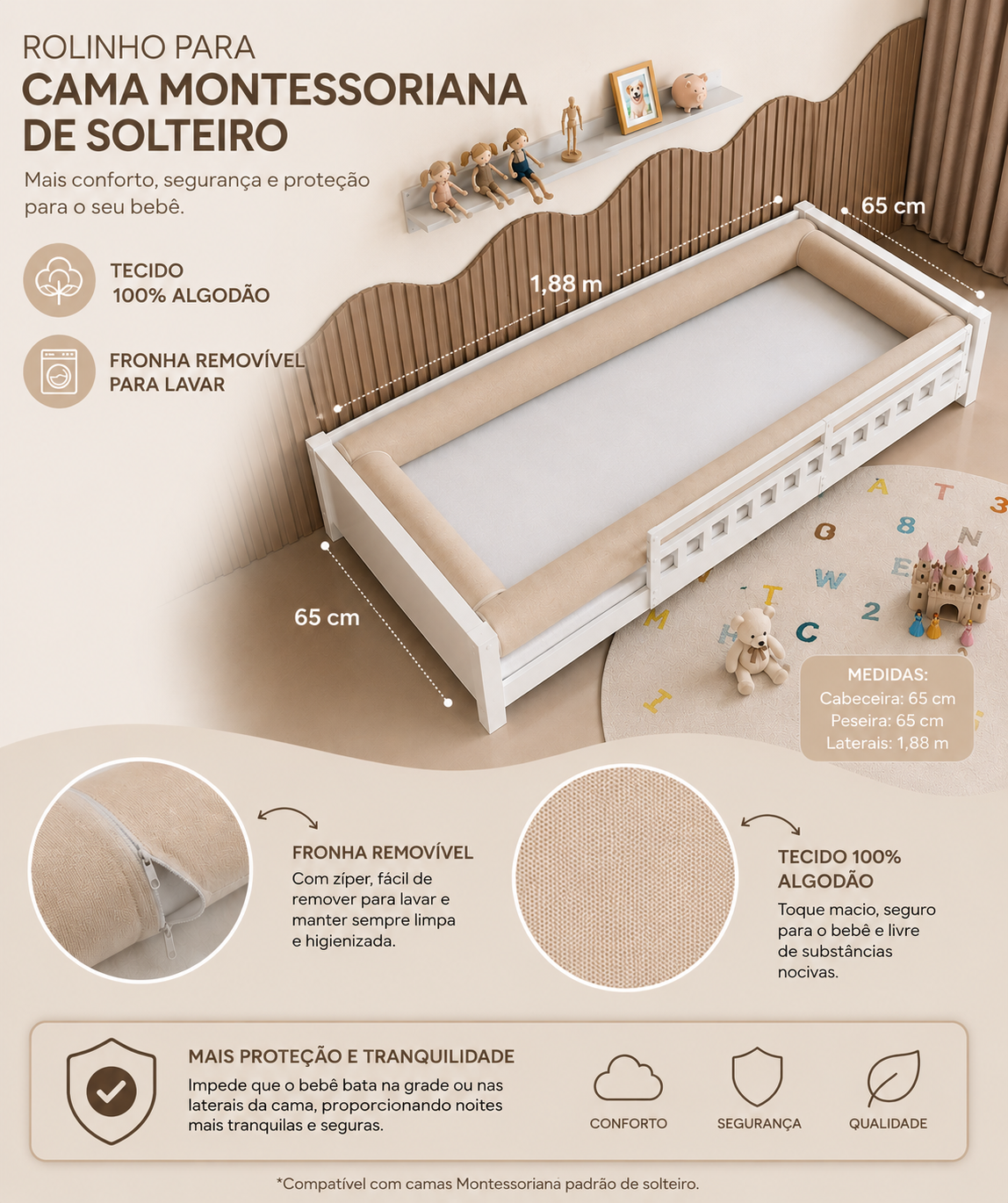Kit Rolinhos 4 Peças para Cama Solteiro Bichos c/ Bege